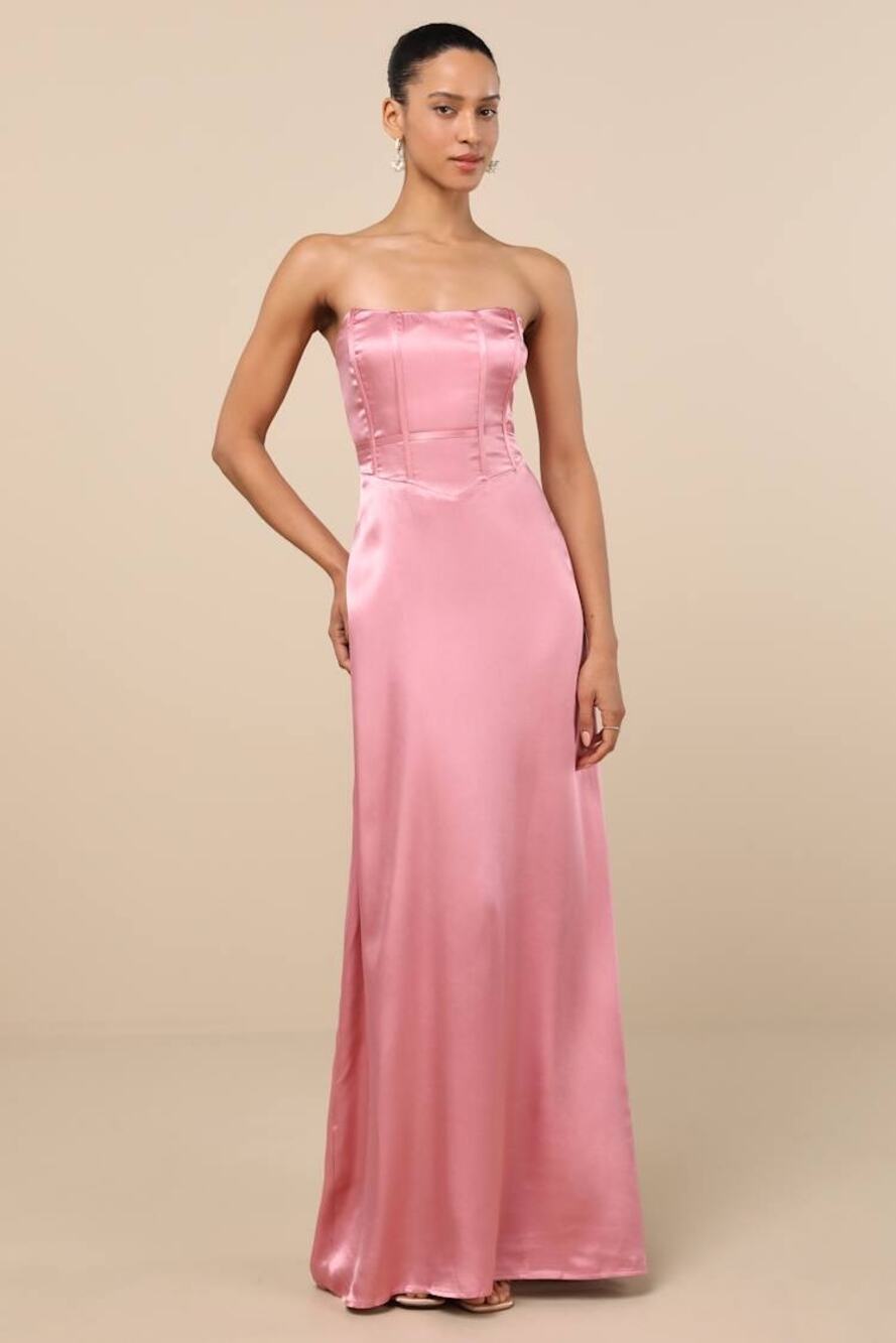 NWT Lulus Extraordinary Presence Pink Satin Strapless Maxi Dress Bridesmaid Sz M